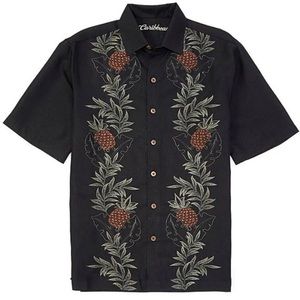 Caribbean Shirt Mens XXL Button Up Black Embroidered Pineapple Short Sleeve NWT